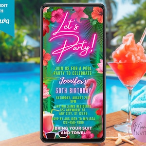 Digital Let's Party Pool Party Birthday Invitation, Tropical Floral ...