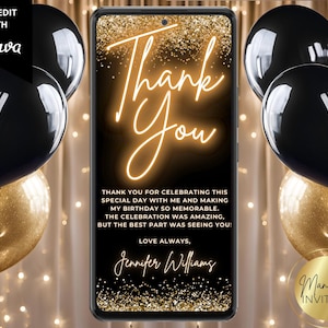 Digital Black Gold Neon Glitter Glam Thank You Card Invitation, Birthday Graduation, Phone Evite, Editable Canva Template, Instant Download