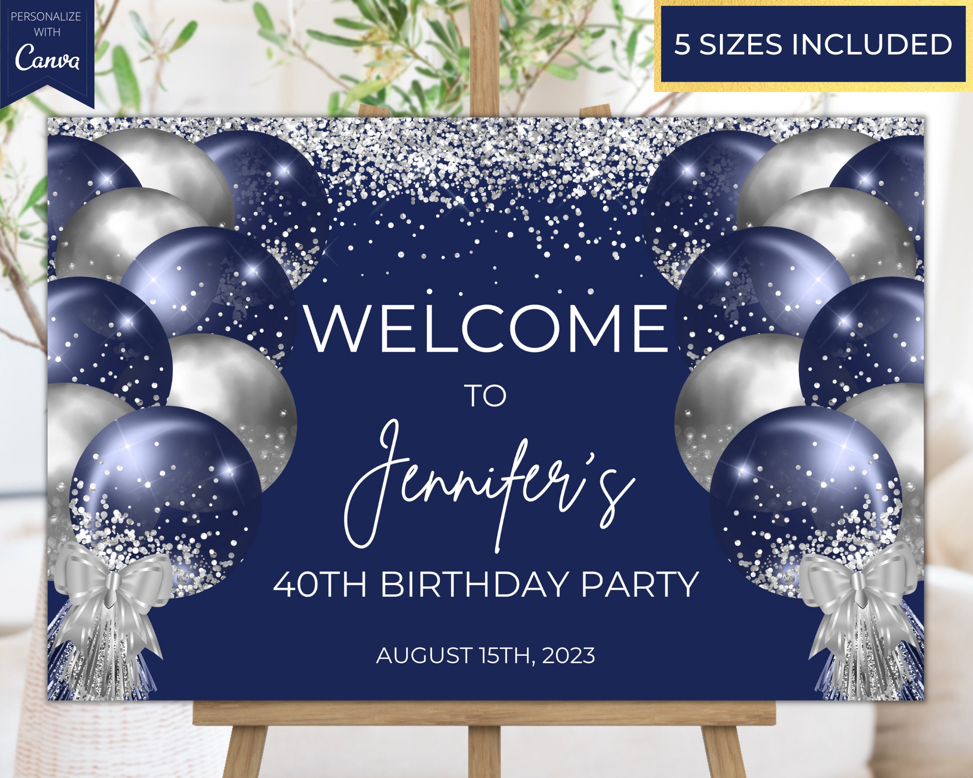 Happy Birthday Backdrop Banner, Navy Blue and Silver Glitter Birthday Party