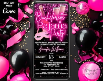 Digital Bachelorette Pajama Slumber Party Invitation, Pink Glitter Drip, Girls Night In, Phone Evite, Editable Template, Instant Download