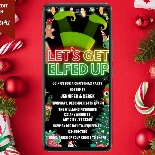 Digital Let's Get Elfed Up Christmas Holiday Party Invitation, Electronic Phone Text Message Evite, Editable Template, Instant Download