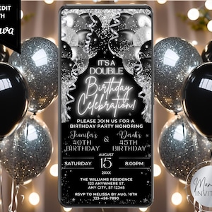 Digitale gezamenlijke dubbele verjaardagsuitnodiging glamour, neon zwart zilver glitter ballonnen, telefoontekst, bewerkbare sjabloon, instant download