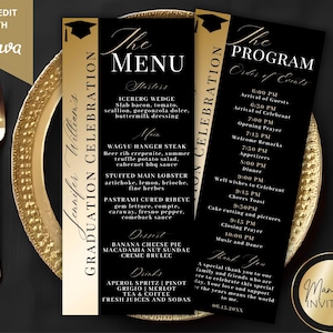 May include: Elegant graduation celebration menu and program cards. The black cards feature gold accents, a graduation cap, and event details. The menu includes starters, main courses, desserts, and drinks. The program lists the order of events.