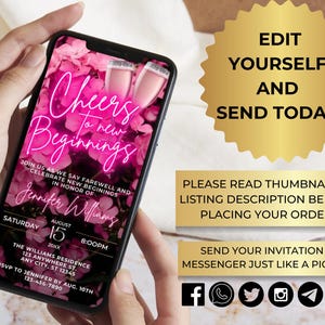 Invitación digital para fiesta de despedida, fiesta de despedida por mudanza, brindemos por nuevos comienzos, flores de neón rosa, Evite, descarga instantánea, PF01 imagen 2