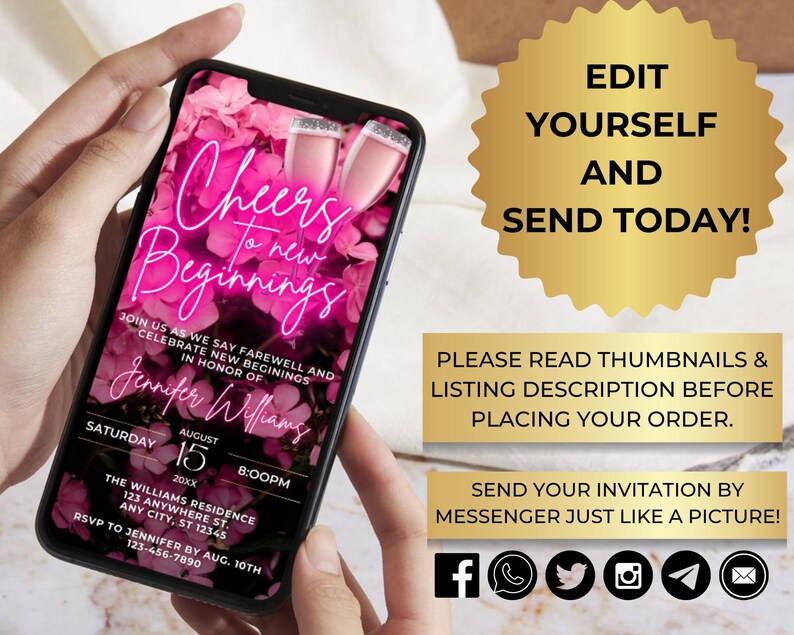 Invitación digital para fiesta de despedida, fiesta de despedida por mudanza, brindemos por nuevos comienzos, flores de neón rosa, Evite, descarga instantánea, PF01 imagen 2