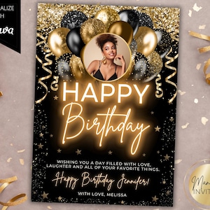 Cartão de Feliz Aniversário com Foto Glamour Editável, Balões Neon Pretos e Dourados com Glitter, Cartão Personalizado para Imprimir, Modelo Canva, Download Instantâneo