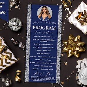Editable Elegant Blue Silver Event Program Card Photo Template, Thank You Note, Itinerary Agenda, Table Program, Canva, Instant Download