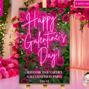 Bearbeitbare Happy Galentine's Day Party Willkommensschild Vorlage, Pink Neon Blumen Rosen Grün, druckbare Eingangsschild, Sofort Download