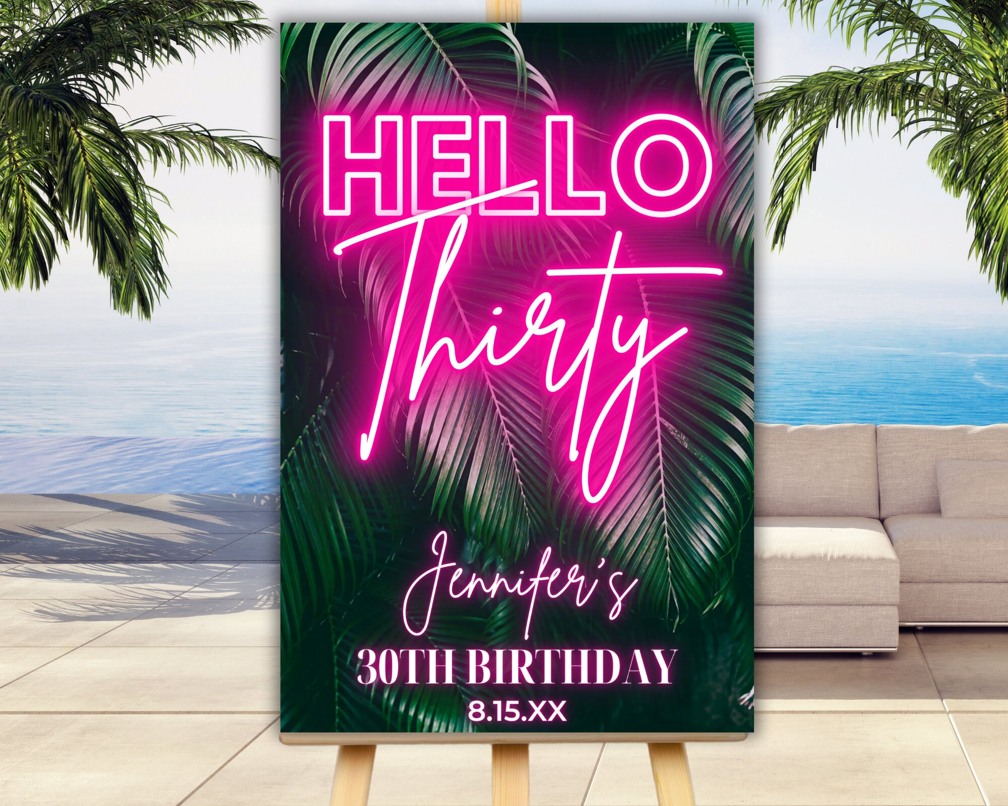 Editable Tropical Hello Thirty 30th Birthday Welcome Sign, Pink Neon ...