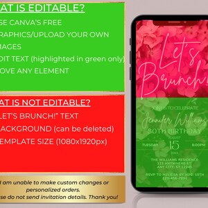 May include: A digital invitation for an 80th birthday brunch with a pink floral background. The text "Let's Brunch!" is in white with a pink outline. The invitation includes the name "Jennifer Williams", the date "Tuesday, 15 August 20XX", and the time "8:00 PM".