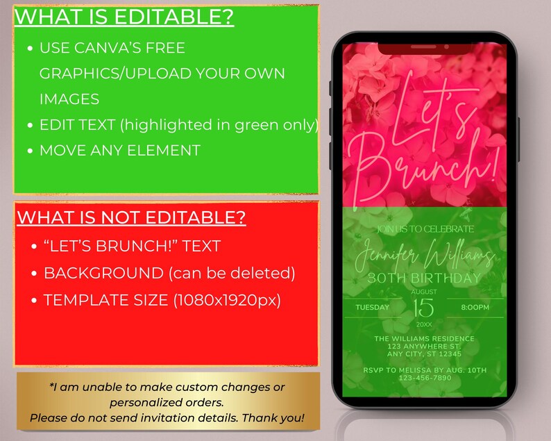 May include: A digital invitation for an 80th birthday brunch with a pink floral background. The text "Let's Brunch!" is in white with a pink outline. The invitation includes the name "Jennifer Williams", the date "Tuesday, 15 August 20XX", and the time "8:00 PM".