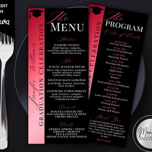 Może przedstawiać: Czarne i czerwone karty menu i programów na uroczystość ukończenia studiów z widelcem i nożem. Menu zawiera przystawki, dania główne, desery i napoje. Program przedstawia kolejność wydarzeń, w tym przybycie gości.