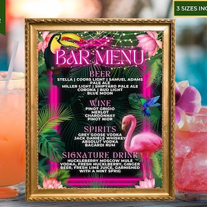 May include: A framed bar menu with a tropical theme. The menu features a toucan, flamingo, and hummingbird, with a neon pink border. The menu lists beer, wine, spirits, and a signature drink. The frame is gold.