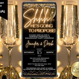 Digital Surprise Secret Proposal Wedding Engagement Party Invitation, Modern Black Gold, Phone Evite, Editable Template, Instant Download