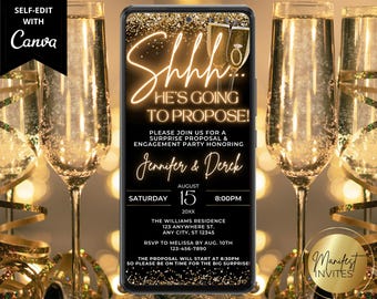 Invitación digital sorpresa para fiesta de compromiso o boda, moderna en negro y dorado, para enviar por teléfono, plantilla editable, descarga instantánea