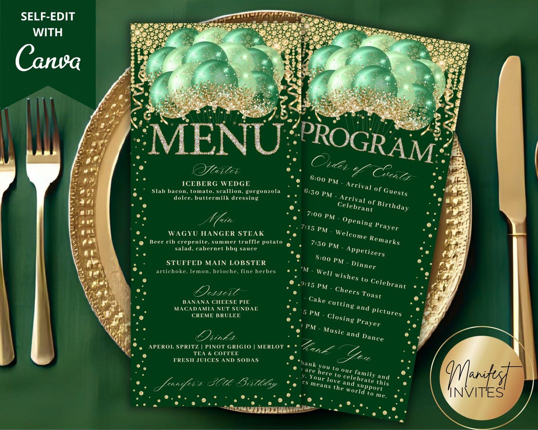 Grad Balloon Menu Editable Glam Green Gold Glitter Balloons Diamond Menu Program and ...