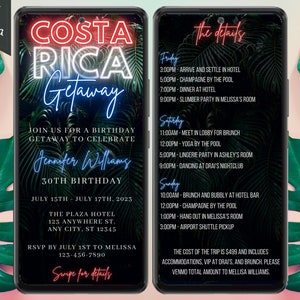 Electronic Tropical Costa Rica Getaway Birthday Trip Itinerary Invitation, 3 Day Trip, Digital Schedule, Editable Template, Instant Download