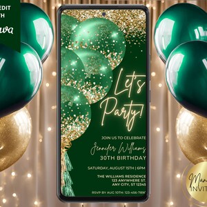 Digital Green Gold Balloons Birthday Party Invitation, Electronic Phone Evite, Editable Template, Text Invitation, Instant Download