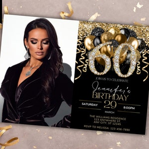 Editable 60th Birthday Photo Black Gold Balloons Diamond Party Invitation, Printable Card and Evite, Editable Template, Instant Download