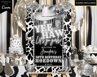 Letrero de bienvenida editable para fiesta de cumpleaños de vaquera, estilo disco plateado, decoración de fiesta de cumpleaños con glamour occidental, plantilla de Canva editable, descarga instantánea