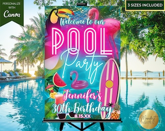 Pool Party Birthday Welcome Sign, Tropical Neon Luau Poster, Summer Beach BBQ Party Entrance Sign, Party Decor, Editable Canva Template
