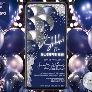 Digital Shhh It&#39;s a Surprise Navy Blue Silver Balloons Birthday Party Invitation, Electronic Text Evite, Editable Template, Instant Download