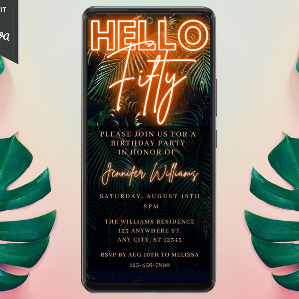 Tropical Hello Fifty 50th Digital Birthday Party Invitation, Electronic Mobile Text Evite, Orange Neon, Self-Edit Template, Instant Download
