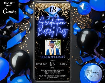 Digital Glam Graduation and Birthday Party Photo Invitation, Blue Neon Gold Glitter, Double Event Celebration, Editable Canva Template