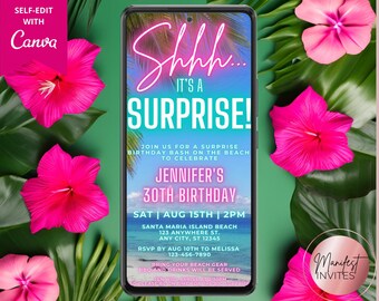 Digital Shhh It's a Surprise Birthday Tropical Beach Luau Pink Teal Party Invitation, Phone Evite, Editable Template, Instant Download, TB12