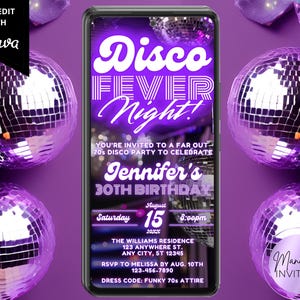 Digital Disco Fever Night Purple Neon Disco Ball Birthday Party Invitation, 70s Theme Party, Text Evite, Editable Template, Instant Download