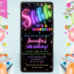Digital Neon Rainbow Surprise Birthday Party Invitation, Electronic Mobile Phone Text Message Evite, Editable Template, Instant Download