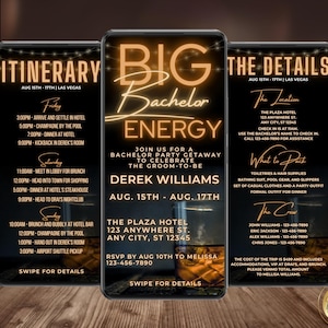 Invitación digital con whisky para despedida de soltero, itinerario de fin de semana, Big Bachelor Energy, SMS electrónico para móvil de Evite, descarga instantánea, WM42