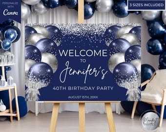 Editable Navy Blue Silver Glitter Balloons Glam Welcome Sign Template, Printable Birthday Graduation Party Decor, Canva, Instant Download