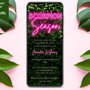 Scorpion Season Birthday Digital Invitation, Electronic Invite, Scorpion Zodiac, Pink Neon Greenery, Editable Template, Instant Download