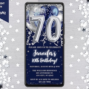 Digital 70th Birthday Party Navy Blue Silver Balloons Invitation, Electronic Phone Text Message Evite, Editable Template, Instant Download