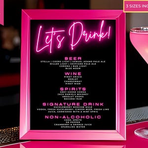 Modello di menu modificabile per bar "Let's Drink Pink Neon", insegna stampabile per cocktail, insegna da tavolo, compleanno, download immediato, PG38