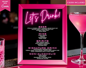 Editable Let's Drink Pink Neon Bar Menu Template, Printable Signature Drink Cocktail Bar Sign, Table Sign, Birthday, Instant Download, PG38