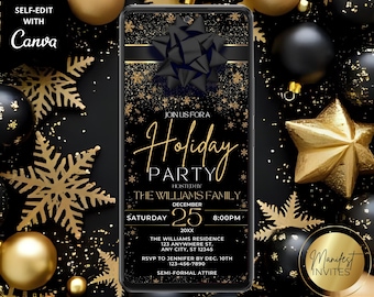 Digital Elegant Schwarz Gold Urlaub Party Einladung, Klassische Weihnachts Cocktail Party, Telefon Evite, bearbeitbare Vorlage, Sofort Download