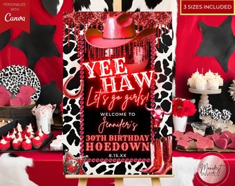Editable Red Disco Cowgirl Birthday Hoedown Welcome Sign, Western Glam Birthday Party Decor, Editable Canva Template, Instant Download