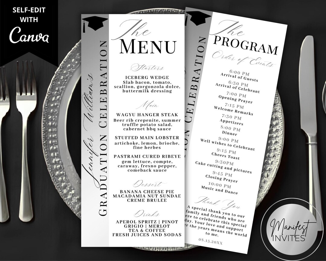 Menu Header For Graduation Editable Elegant White Silver Graduation Menu Program & Thank You Card ...