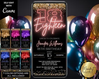 Digital 18th Birthday Neon Gold Glitter Glam Party Invitation, Neon Glow Party, Phone Evite, Editable Canva Template, Instant Download, NG48