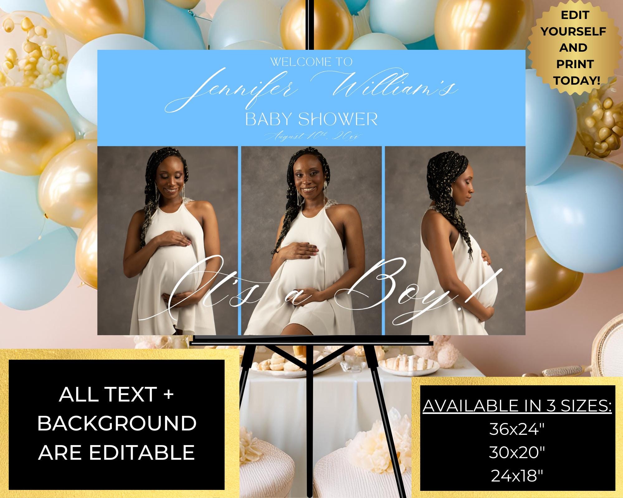 Editable Elegant Blue Baby Shower Welcome Sign Photo Template, It's a ...