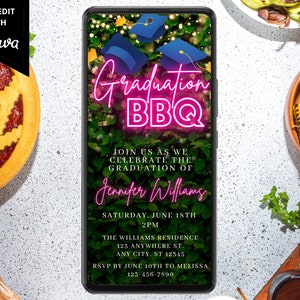 Digital Graduation BBQ Party Invitation, Electronic Phone Text Message Evite, Pink Neon Greenery, 2023, Editable Template, Instant Download