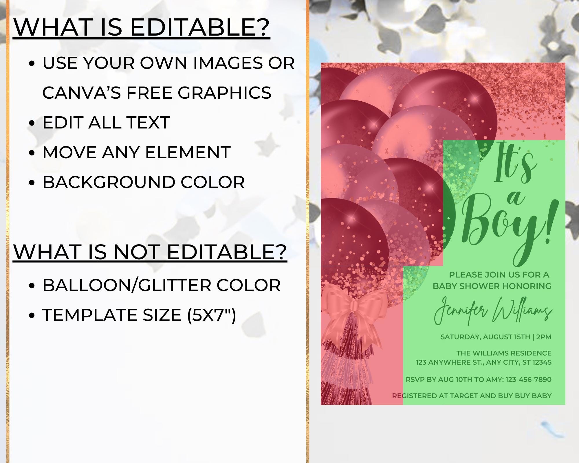 Editable It's a Boy Navy Blue Silver Glitter Balloons Baby Shower ...