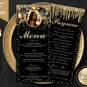 May include: Black and gold birthday menu and program cards. The menu features a photo, menu items, and the text "Jennifer's 30th Birthday." The program card lists the order of events. Both cards have gold accents and are on a gold plate.