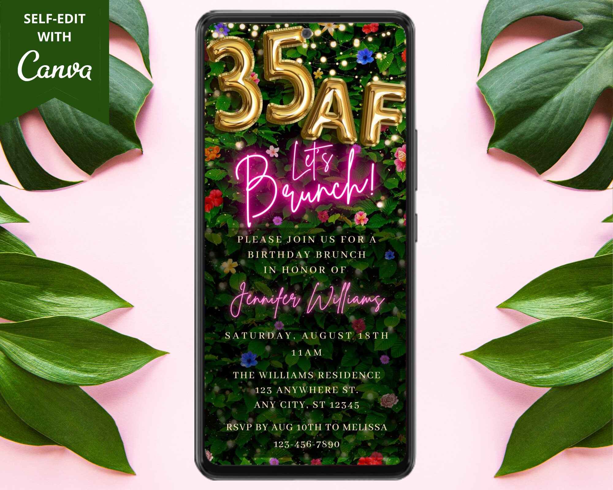 Digital 35 AF 35th Birthday Brunch Invitation, Electronic Text Evite, Brunch  Invite, Floral Greenery, Self-edit Template, Instant Download - Etsy, image size:2000x1600