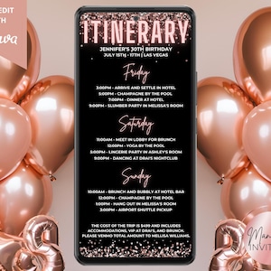 Digital Pink Rose Gold Birthday Weekend Trip Itinerary Invitation, Schedule Travel Details, Phone Evite, Editable Template, Instant Download