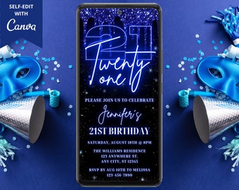 Invito alla festa del 21° compleanno digitale di ventuno, invito tramite e-mail di testo elettronico, gocciolamento di glitter blu al neon, modello modificabile, download istantaneo