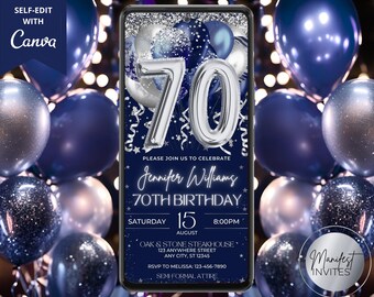 May include: A digital 70th birthday invitation template featuring silver foil balloons shaped as the number 70 against a dark blue background with silver confetti, stars, and text details including Jennifer Williams, date, time, and location.
