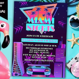 Invito stampabile per festa di compleanno a Miami Nights retrò anni '80 e '90, festa estiva, stampabile e digitale, modello modificabile, download immediato